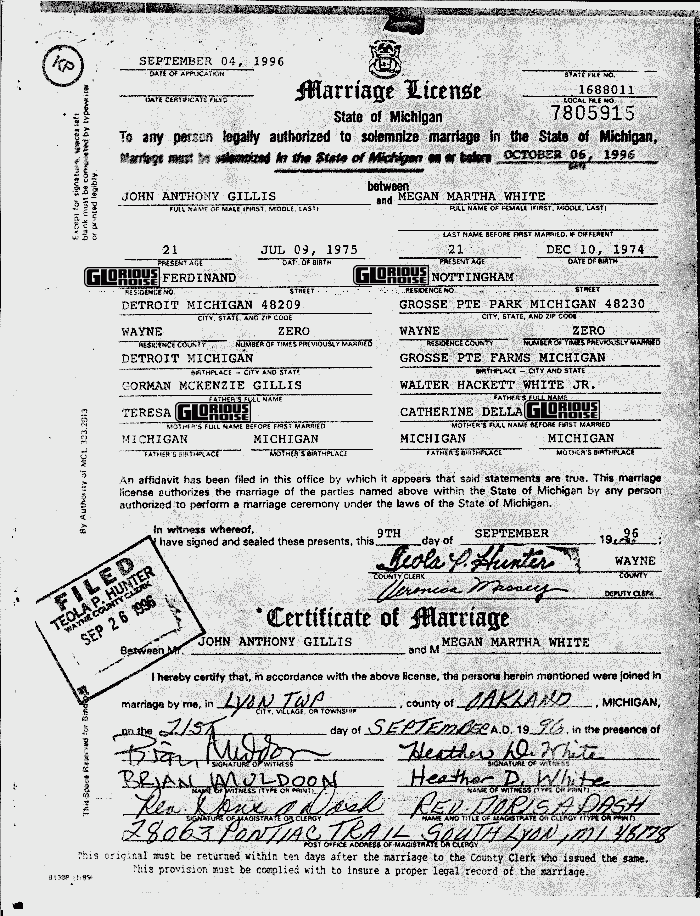 Copy of a marriage license